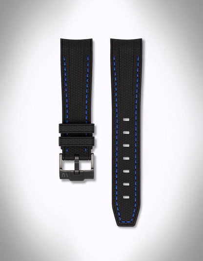 Kautschuk-Uhrenarmband für OMEGA X Swatch Speedmaster MoonSwatch – 20 mm, Curved, blaue Nähte, Schwarz