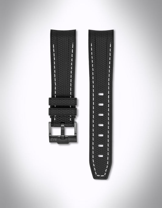 Kautschuk-Uhrenarmband für OMEGA X Swatch Speedmaster MoonSwatch – 20 mm, Curved, weiße Nähte, Schwarz