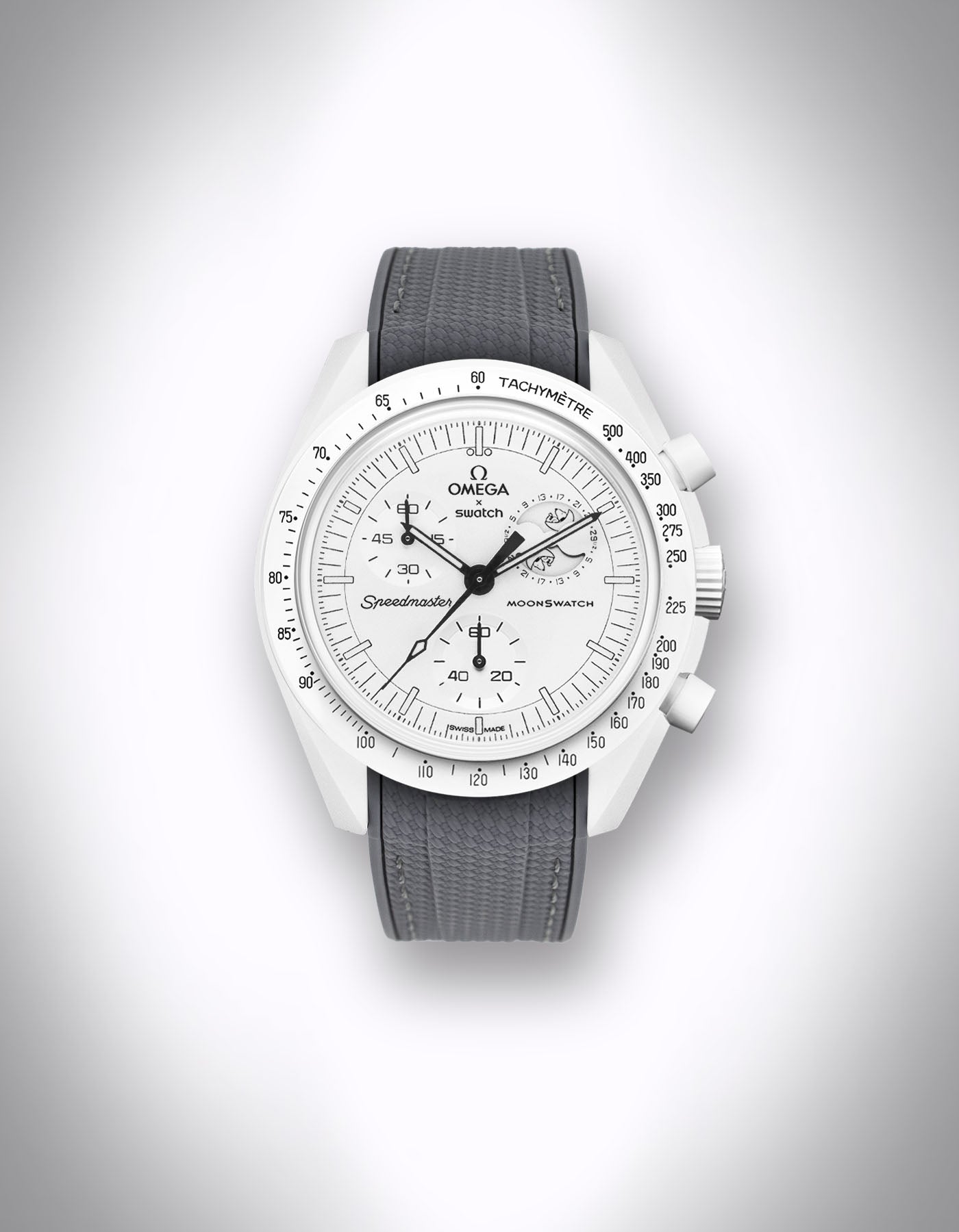 Kautschuk-Uhrenarmband für OMEGA X Swatch Speedmaster MoonSwatch – 20 mm, Curved, Rautenprägung, Grau, graue Nähte