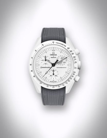 Kautschuk-Uhrenarmband für OMEGA X Swatch Speedmaster MoonSwatch – 20 mm, Curved, Rautenprägung, Grau, graue Nähte