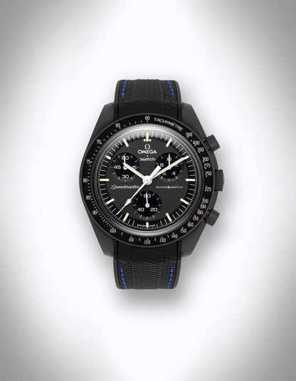 Kautschuk-Uhrenarmband für OMEGA X Swatch Speedmaster MoonSwatch – 20 mm, Curved, blaue Nähte, Schwarz