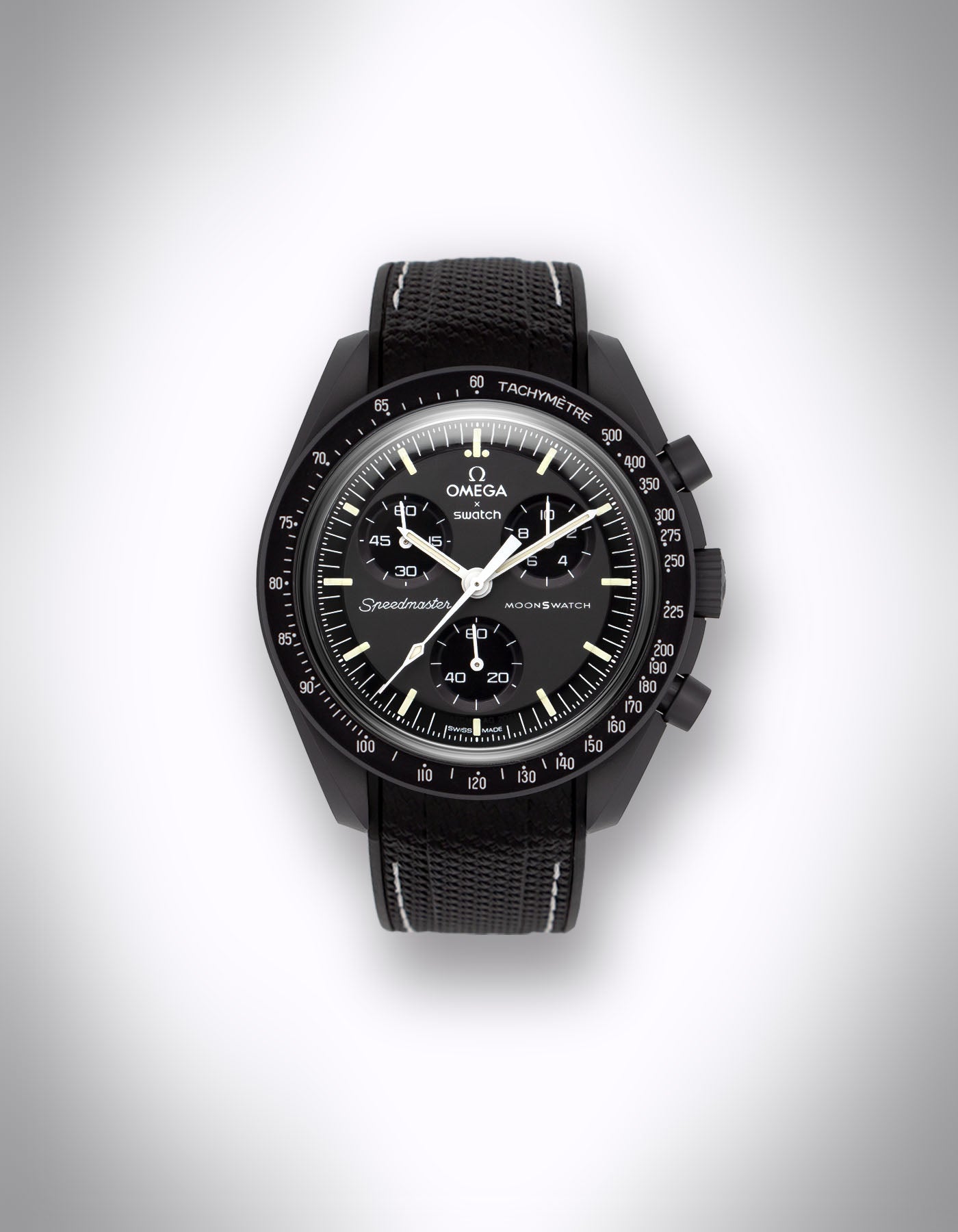Kautschuk-Uhrenarmband für OMEGA X Swatch Speedmaster MoonSwatch – 20 mm, Curved, weiße Nähte, Schwarz
