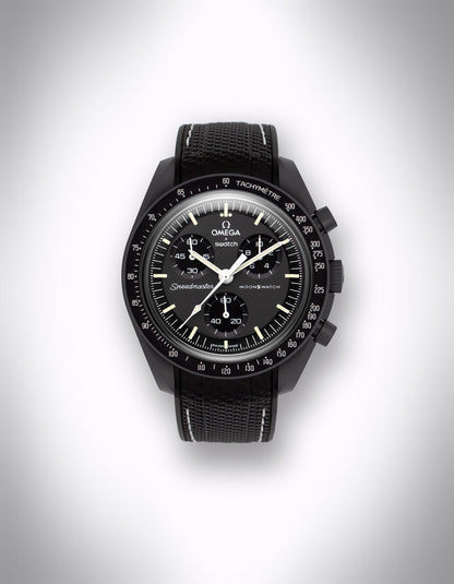 Kautschuk-Uhrenarmband für OMEGA X Swatch Speedmaster MoonSwatch – 20 mm, Curved, weiße Nähte, Schwarz